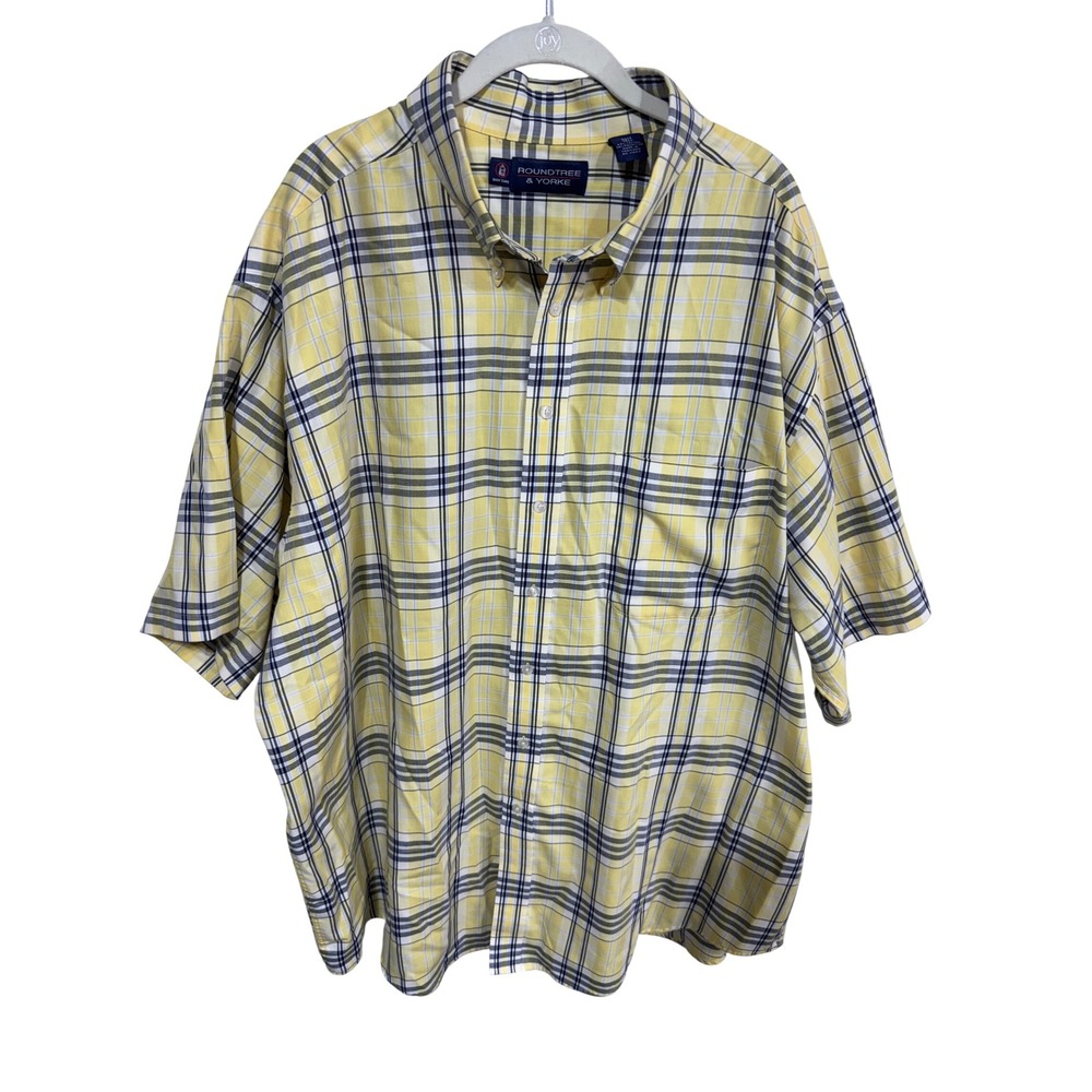 Roundtree & Yorke 3XLT Yellow Plaid Button Up Men's Short Sleeve Easy Care Shirt